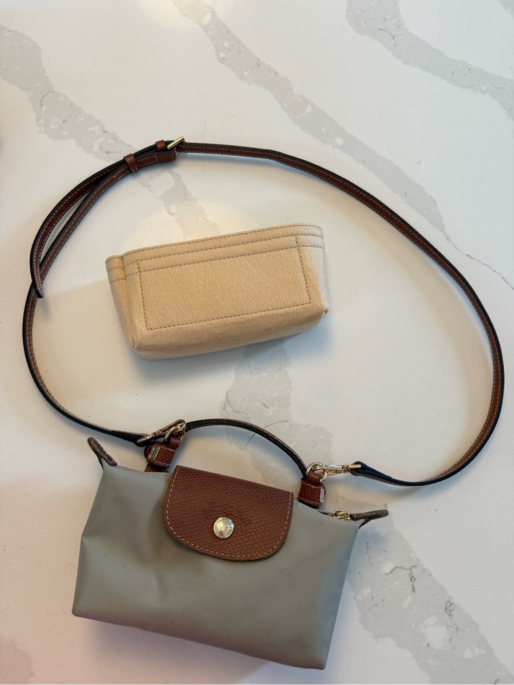 Longchamp Small Crossbody Bag in Light Gray with Brown Trim